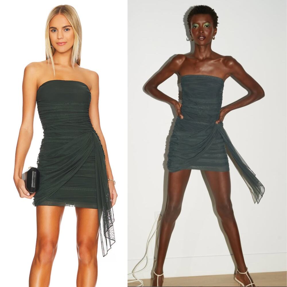 Amanda Uprichard | Anja Mini Dress in Moss Green Mesh Ruched Strapless M
